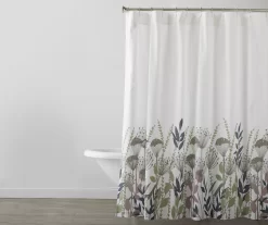 White & Green Floral Fabric Shower Curtain