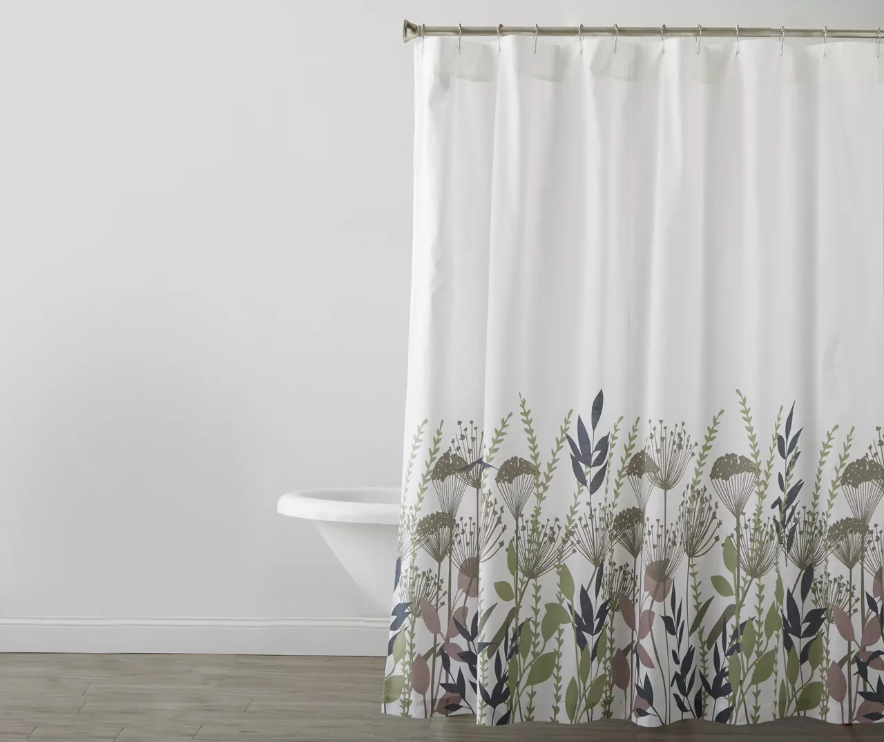 White & Green Floral Fabric Shower Curtain