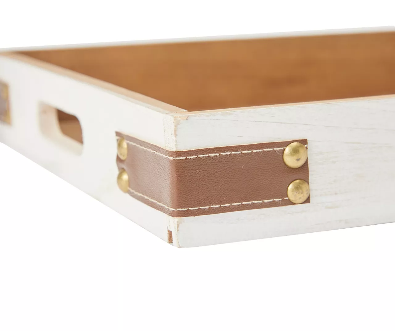 White Decorative Tray With Brown Faux Leather Accents - Image 3
