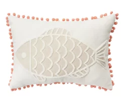 Tan & White Fish Throw Pillow With Pom-Pom Trim