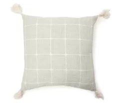 Sage Green & White Windowpane Grid Tassel-Accent Square Throw Pillow