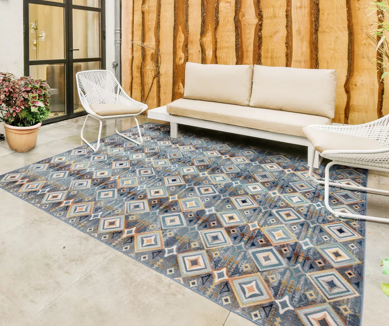 Karok Blue & Yellow Geometric Outdoor Area Rug, (6' X 9') - Image 2