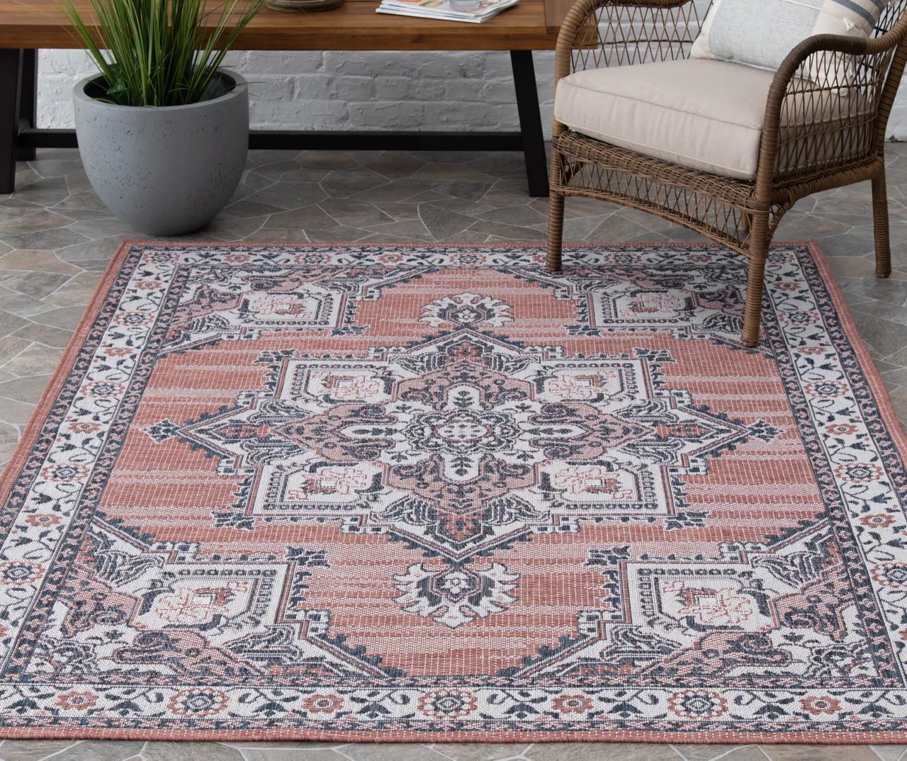 Broyhill Braiden Orange & Navy Floral Medallion Outdoor Area Rug - Image 2