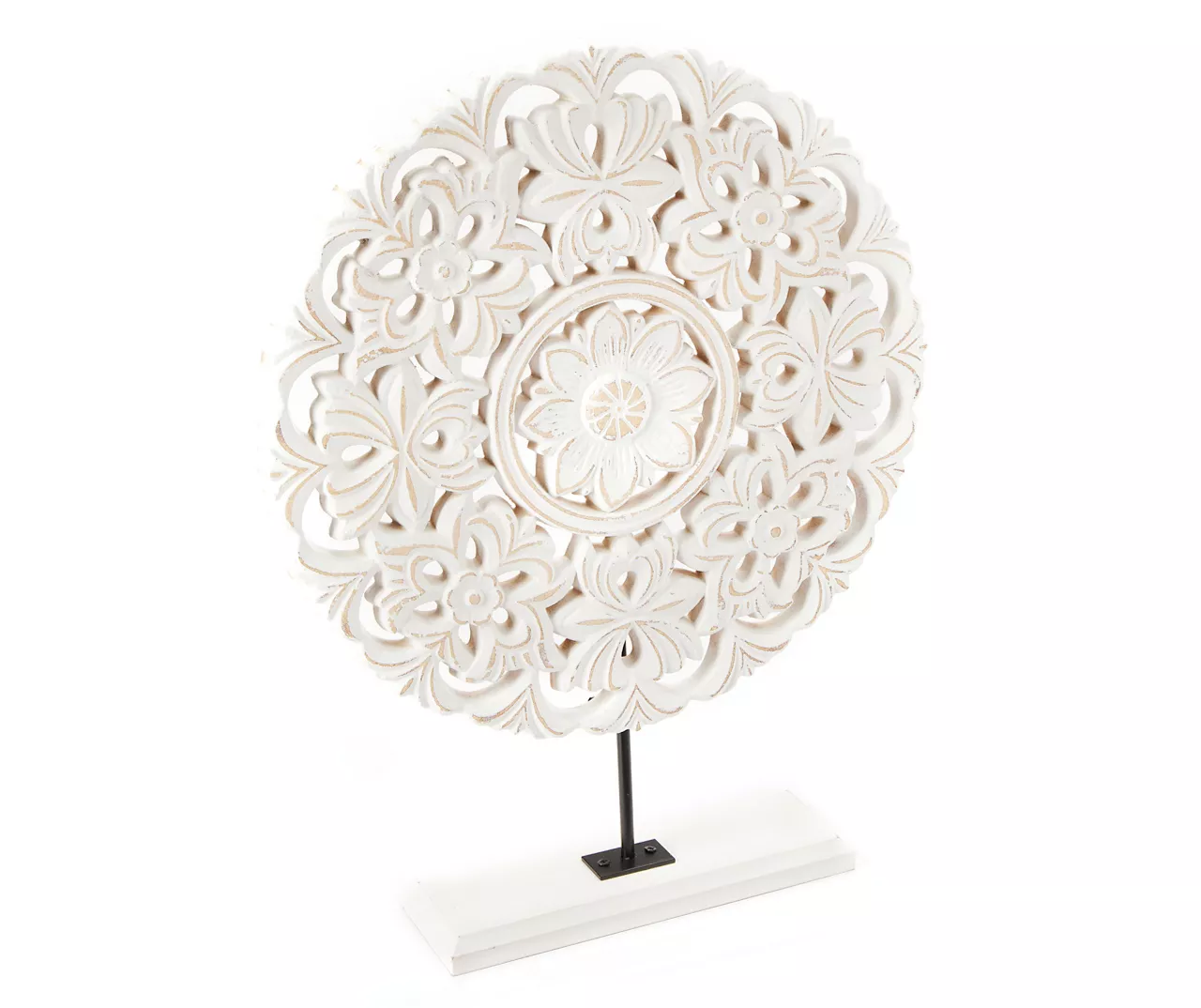 White Floral Cut-Out Carved Circle Tabletop Decor - Image 2