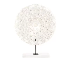 White Floral Cut-Out Carved Circle Tabletop Decor